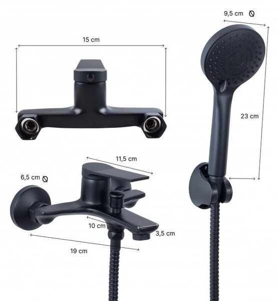 Erga Omala, baterie de baie montată pe perete cu set de duș manual, negru mat, ERG-YKA-BW.OMALA-BLK