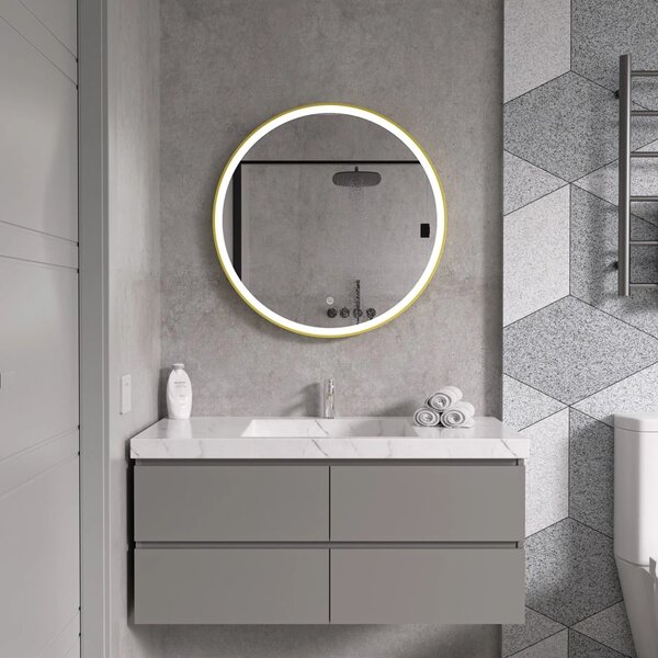 Erga Olivia, oglinda LED rotunda 80cm, cadru metalic auriu, 1840 lm, 6500K, iluminare fata, ERG-V01-202-8080-GD
