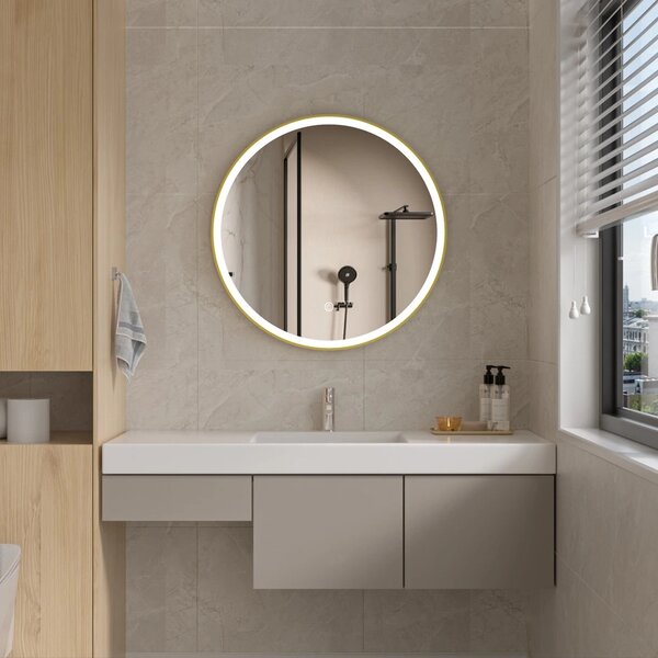 Erga Olivia, oglinda LED rotunda 80cm, cadru metalic auriu, 1840 lm, 6500K, iluminare fata, ERG-V01-202-8080-GD