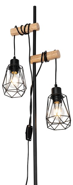 Lampă de podea rustică neagră cu lemn 2 lumini cu abajur - Dami Frame