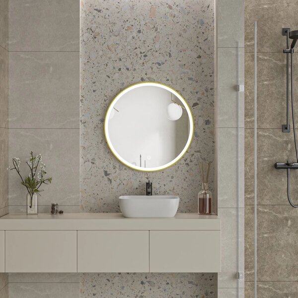 Erga Olivia, oglinda LED rotunda 80cm, cadru metalic auriu, 1840 lm, 6500K, iluminare fata, ERG-V01-202-8080-GD