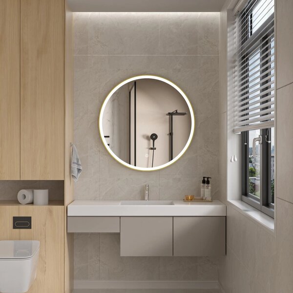 Erga Olivia, oglinda LED rotunda 90cm, cadru metalic auriu, 2070 lm, 6500K, iluminare fata, ERG-V01-202-9090-GD