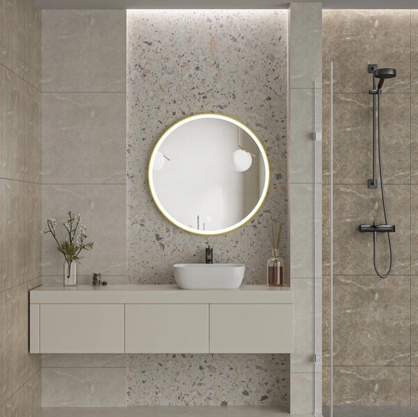 Erga Olivia, oglinda LED rotunda 90cm, cadru metalic auriu, 2070 lm, 6500K, iluminare fata, ERG-V01-202-9090-GD