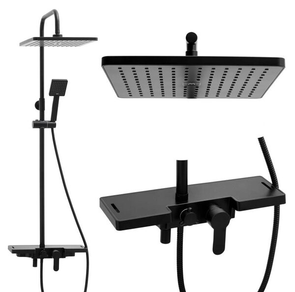 Erga Oslo, set de dus cu robinet cu maneta, raft si cap de ploaie 30x30 cm, negru mat, ERG-YKA-BP.OSLO-30-BLK