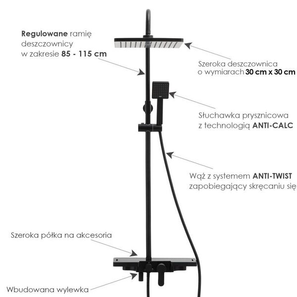 Erga Oslo, set de dus cu robinet cu maneta, raft si cap de ploaie 30x30 cm, negru mat, ERG-YKA-BP.OSLO-30-BLK