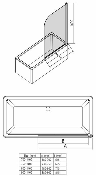 Erga Ozark, paravan de baie cu 1 aripă 75x140 cm, sticlă transparentă de 6 mm, profil cromat, ERG-V02-OZARK-075-CR