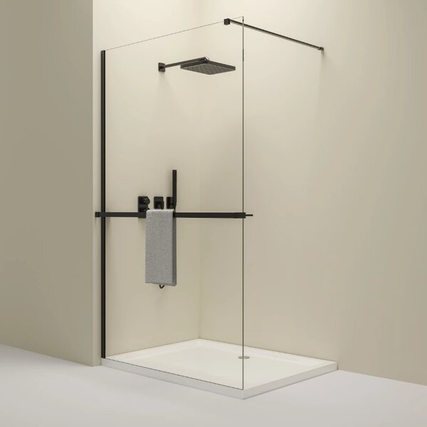Erga Paris, cabină de duș 50x200 cm cu poliță și suport pentru prosoape, sticlă transparentă 8 mm, profil negru, ERG-V02-PARIS-050x200-CL-BK-BAR