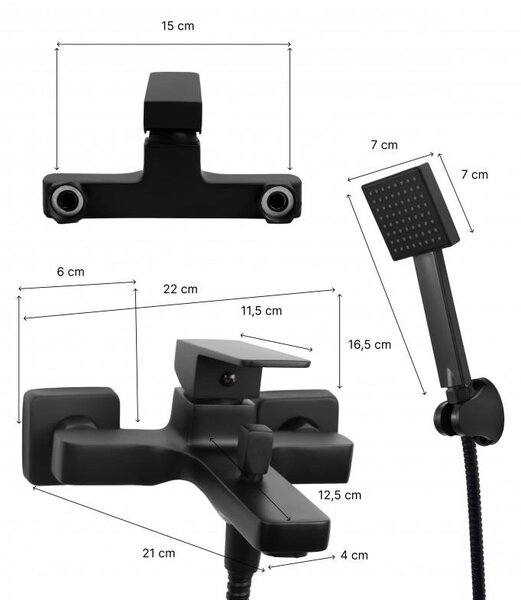 Erga Sara, baterie de baie cu set de duș manual, negru mat, ERG-YKA-BW.SARA-BLK