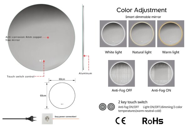 Erga Sofia, oglinda LED rotunda 60cm, 1380 lm, 3 culori de lumina, ERG-V01-207-6060