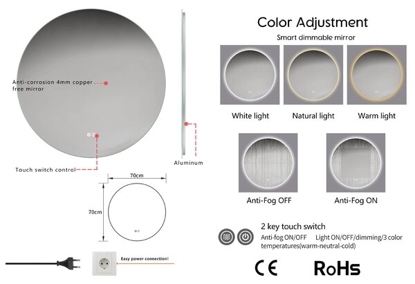 Erga Sofia, oglinda LED rotunda 70cm, 1610 lm, 3 culori de lumina, ERG-V01-207-7070