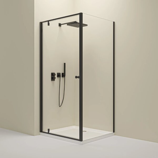 Erga Sydney, cabină de duș cu ușă cu un canat 80(uşă) x 80(perete) x 195 cm, sticlă transparentă de 6 mm, profil negru, ERG-V02-SYDNEY-D080G080-BK