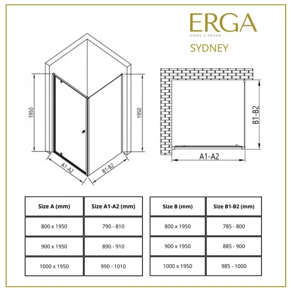 Erga Sydney, cabină de duș cu ușă cu un canat 80(uşă) x 80(perete) x 195 cm, sticlă transparentă de 6 mm, profil negru, ERG-V02-SYDNEY-D080G080-BK