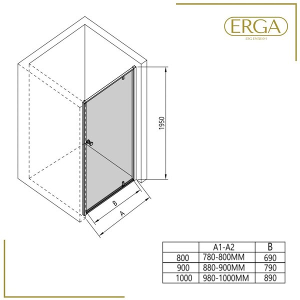 Erga Sydney, usa de dus cu balamale cu 1 cana pentru deschidere 80x195 cm, sticla transparenta 6 mm, profil negru, ERG-V02-SYDNEY-D080-BK