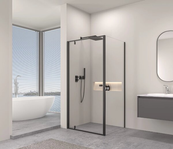 Erga Sydney, cabină de duș cu ușă cu un canat 80(uşă) x 80(perete) x 195 cm, sticlă transparentă de 6 mm, profil negru, ERG-V02-SYDNEY-D080G080-BK