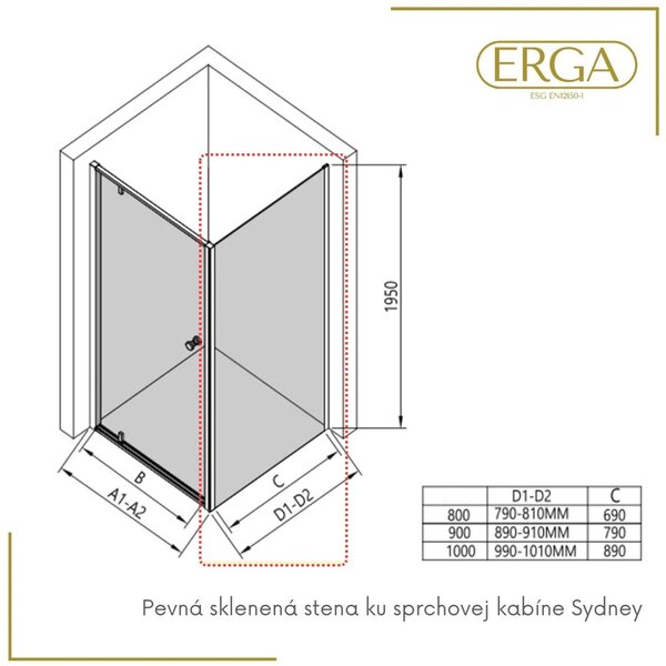 Erga Sydney, perete de duș fix 90x195 cm, sticlă transparentă de 6 mm, profil cromat, ERG-V02-SYDNEY-G090-CR