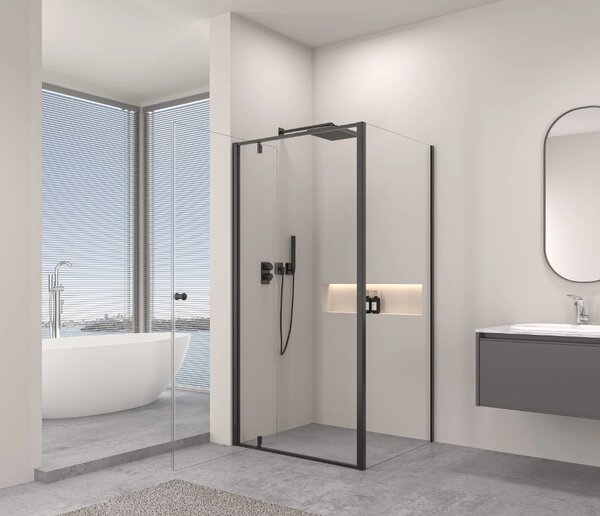 Erga Sydney, cabină de duș cu ușă cu un canat 80(uşă) x 80(perete) x 195 cm, sticlă transparentă de 6 mm, profil negru, ERG-V02-SYDNEY-D080G080-BK