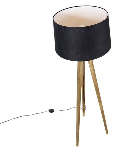 Lampă de podea vintage rustică cu trepied din lemn cu abajur din in negru 45 cm - Tripod Classic