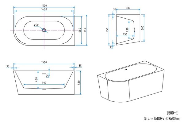 Erga Zara, cada de baie autoportanta coltar 150x75 cm + dop de scurgere, dreapta, alb lucios, ERG-Zara-150075R-WH-WH