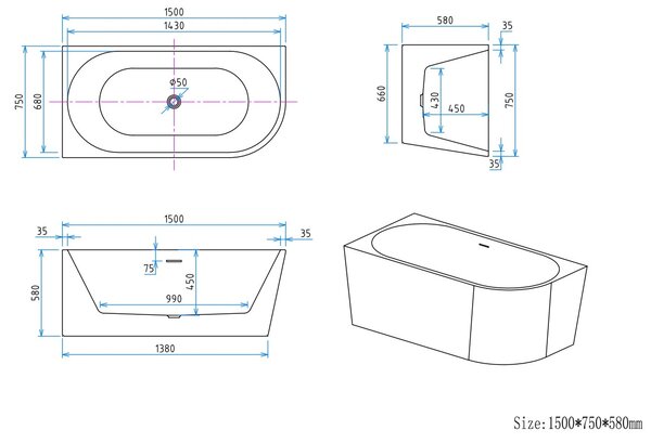 Erga Zara, cada de baie autoportanta coltar 150x75 cm + dop de scurgere, stanga, alb lucios, ERG-Zara-150075L-WH-WH