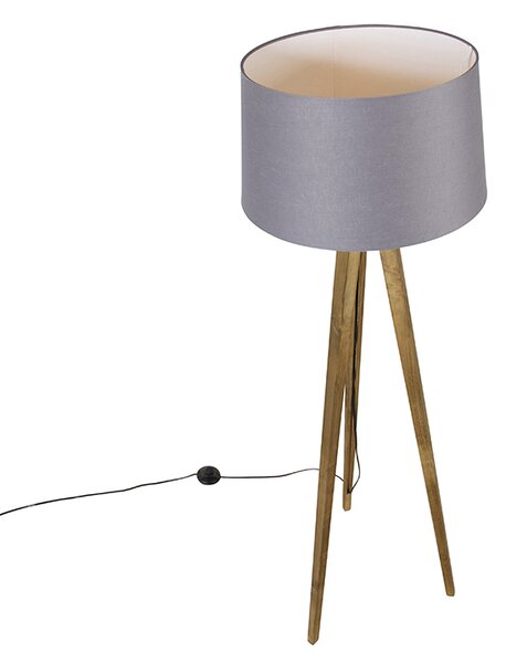 Lampă de podea rustică cu trepied din lemn vintage cu abajur din in gri închis 45 cm - Tripod Classic
