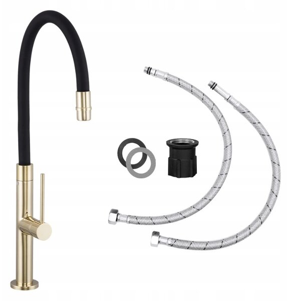 Baterie de bucătărie Gamma Flex Slim, înaltă, cu braț elastic h-480 mm, negru-auriu, GMA-BFXSL-GD