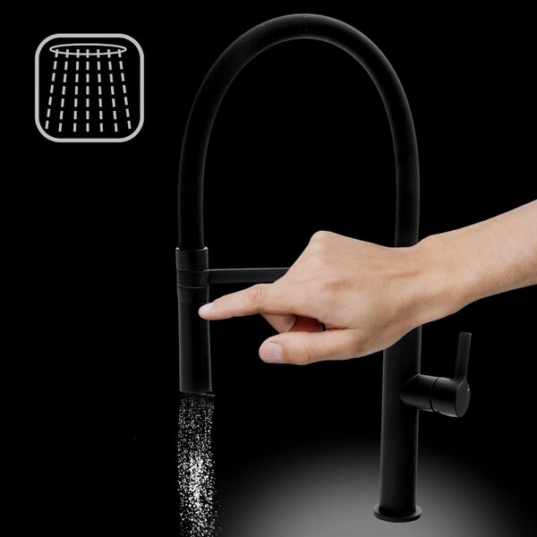 Gamma Mega, baterie de bucătărie înaltă cu braț elastic și spray, negru mat, GMA-BFL-BK
