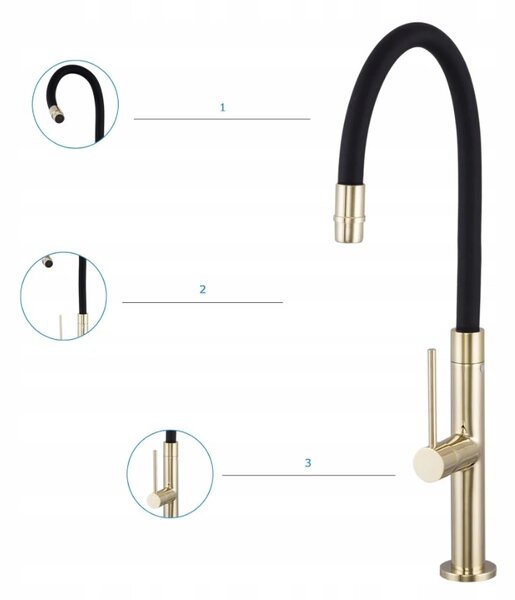 Baterie de bucătărie Gamma Flex Slim, înaltă, cu braț elastic h-480 mm, negru-auriu, GMA-BFXSL-GD