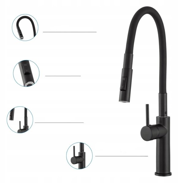 Gamma Full New, baterie de bucătărie înaltă, cu braț elastic și spray h-485 mm, negru mat, GMA-BFLN-BK
