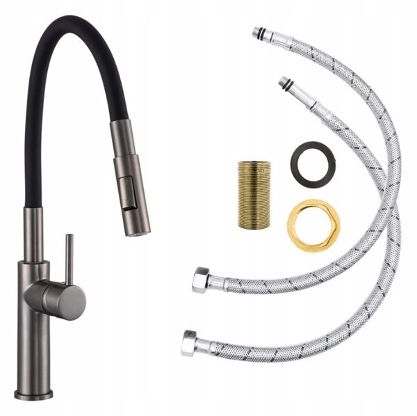 Baterie de bucătărie Gamma Full New, înaltă, cu braț elastic și spray h-485 mm, negru-grafit mat, GMA-BFLN-GG