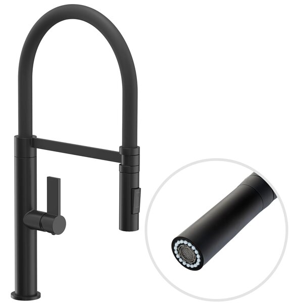 Gamma Mega, baterie de bucătărie înaltă cu braț elastic și spray, negru mat, GMA-BFL-BK