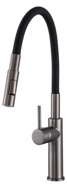 Baterie de bucătărie Gamma Full New, înaltă, cu braț elastic și spray h-485 mm, negru-grafit mat, GMA-BFLN-GG
