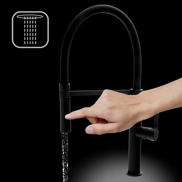 Gamma Mega, baterie de bucătărie înaltă cu braț elastic și spray, negru mat, GMA-BFL-BK