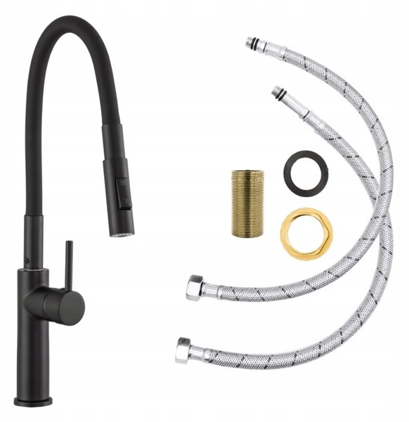 Gamma Full New, baterie de bucătărie înaltă, cu braț elastic și spray h-485 mm, negru mat, GMA-BFLN-BK