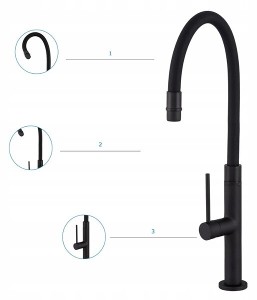 Baterie de bucătărie Gamma Flex Slim, înaltă, cu braț elastic h-480 mm, negru, GMA-BFXSL-BK