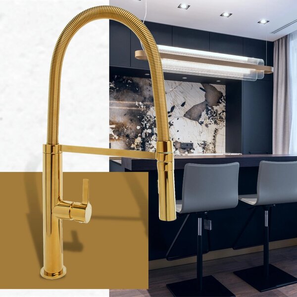 Gamma Mega, baterie de bucătărie înaltă cu braț elastic și spray, auriu lucios, GMA-BFL-GD