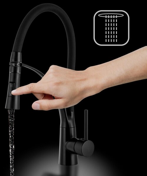 Gamma Nexo, baterie de bucătărie înaltă cu braț flexibil și spray, negru mat, GMA-BNO-BK