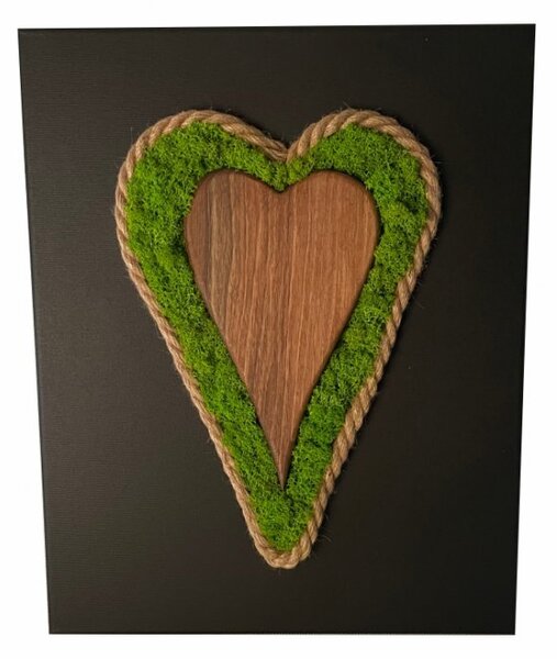 Tablou de mușchi cu inimă din lemn și frânghie 40 x 30 cm