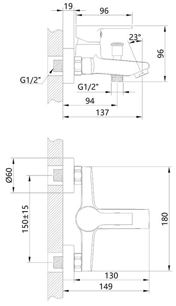 Invena Bralos, baterie pentru cada de perete, crom, INV-BW-07-001-A