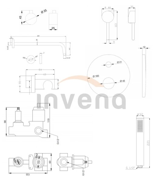 Invena Dafni, set de dus ascuns cu cap de dus cu efect de ploaie 25 cm, crom lucios, INV-BS-88-0O2-A