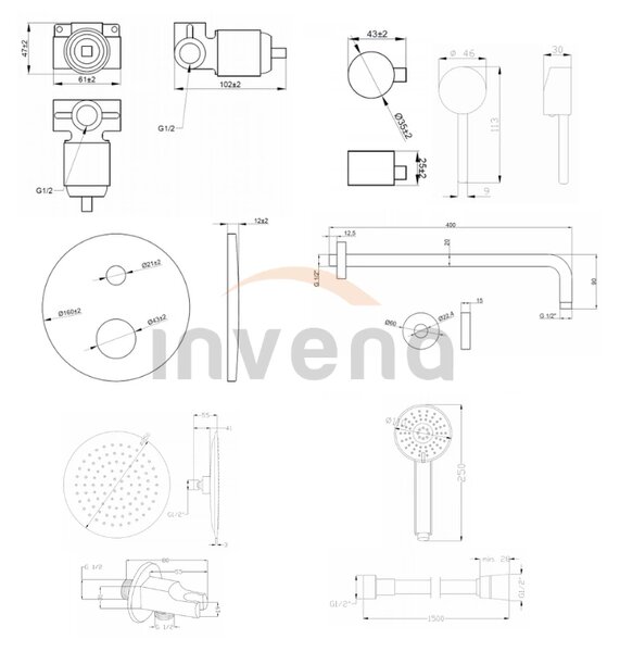 Invena Dafni, set de duș ascuns cu duș de mână și cabină 25 cm, negru mat, INV-BS-88-014-A