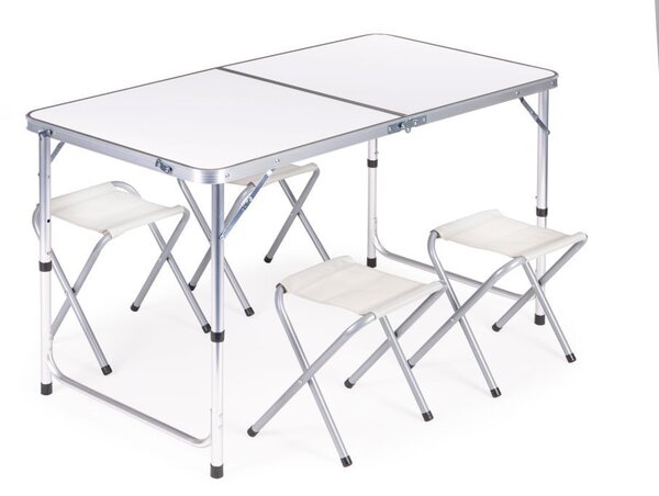 Masă de catering pliabilă 119,5x60 cm albă cu 4 scaune