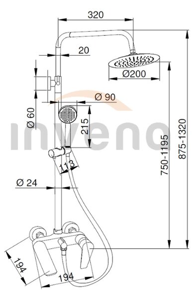Invena Dokos, baterie cadă/duș cu manetă cu duș cu efect de ploaie 20cm, negru mat, INV-AU-19-B04-V