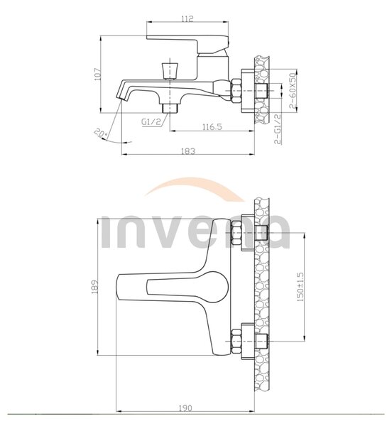 Invena Fira, baterie pentru cada montata pe perete, negru mat, BW-71-004-V