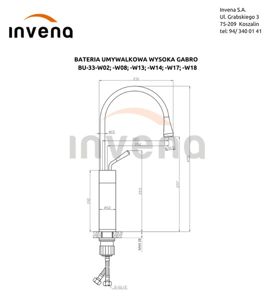 Invena Gabro, baterie pentru lavoar inalt, crom-negru mat, INV-BU-33-W08-V