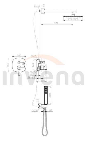 Invena Glamour Trend, set de duș ascuns cu cap de ploaie 22x22 cm, auriu lucios, BS-02-0K9-V