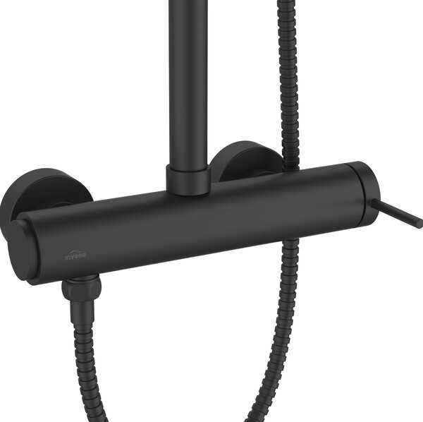 Invena Kalitea, baterie de dus cu maneta cu dus cu efect de ploaie 22x22 cm si cap manual, negru mat, INV-AU-72-004-V