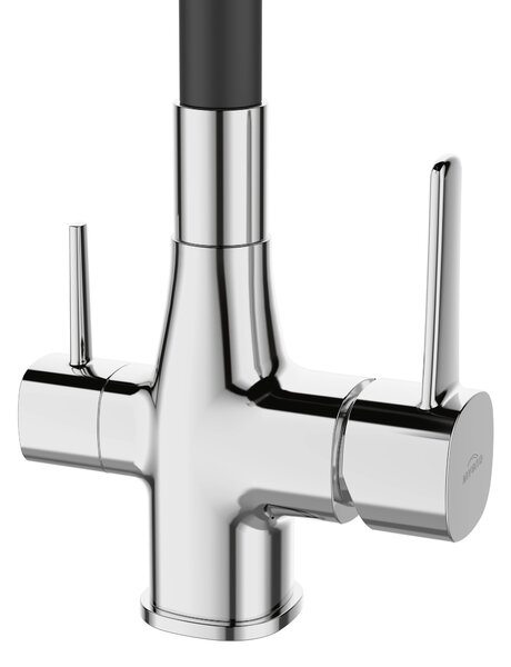 Invena Magic, baterie de lavoar de sine stătătoare cu braț flexibil și filtru de apă potabilă, negru-crom, INV-BZ-08-F08-V