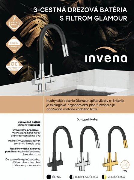 Invena Magic, baterie de lavoar de sine stătătoare cu braț flexibil și filtru de apă potabilă, negru-crom, INV-BZ-08-F08-V
