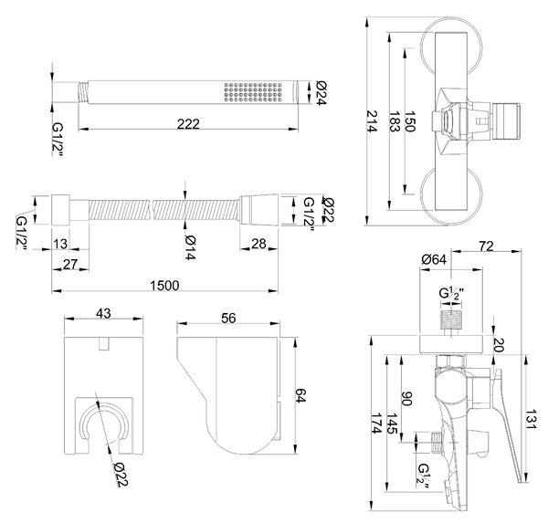 Invena Neri, baterie pentru cada de perete, cupru mat, INV-BW-P1-014-L