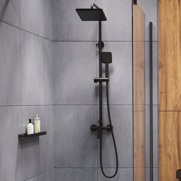 Invena Neri, baterie de duș cu manetă cu duș cu efect de ploaie 23x23 cm și cap de duș manual, negru mat, INV-AU-09-B04-L